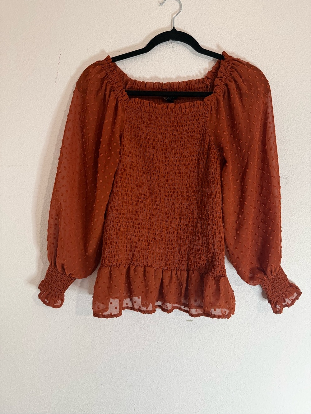 Indigo Poppy Rust Orange Smocked Swiss Dot Peasant Blouse Boho Top Size L - Picture 2 of 5